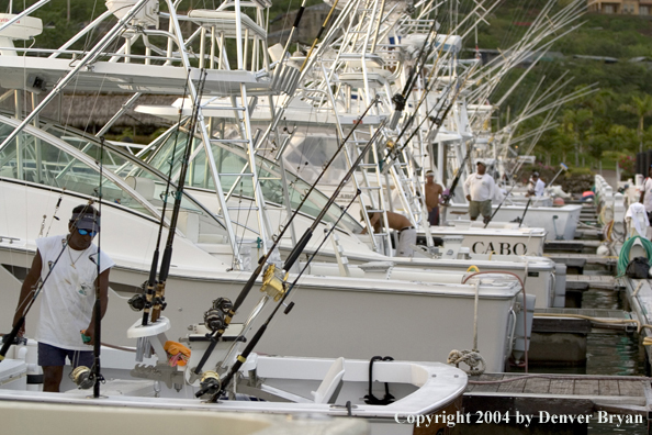 Deep sea fishing charter boats in marina.