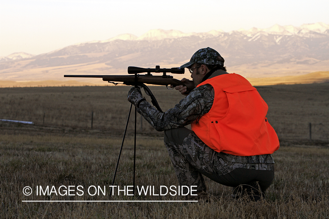 Big game hunter taking aim in field. 