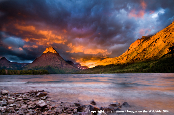 Summer storm clouds over Two Medicine Lake and Sinopah in Glacier National Park