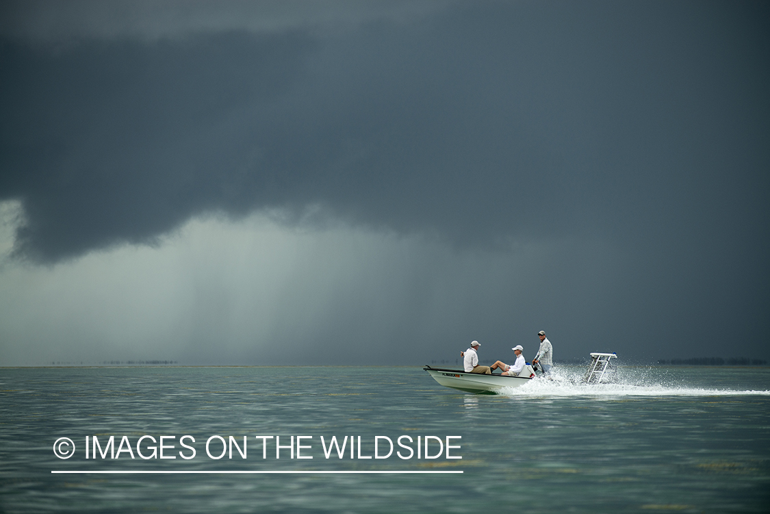 Flyfishermen on boat in Florida Keys.