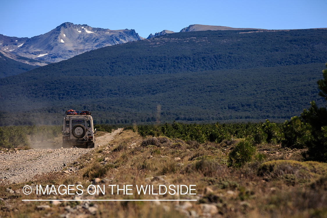 Flyfishermen driving to fishing location in Patagonia, Argentina.