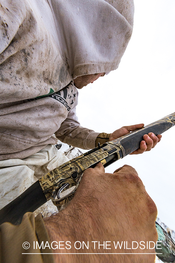 Hunter loading gun in field with decoys.