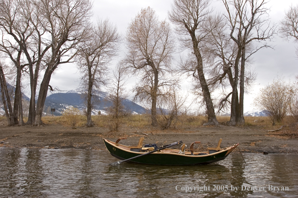 Wooden driftboat on Yellowstone River, Montana.