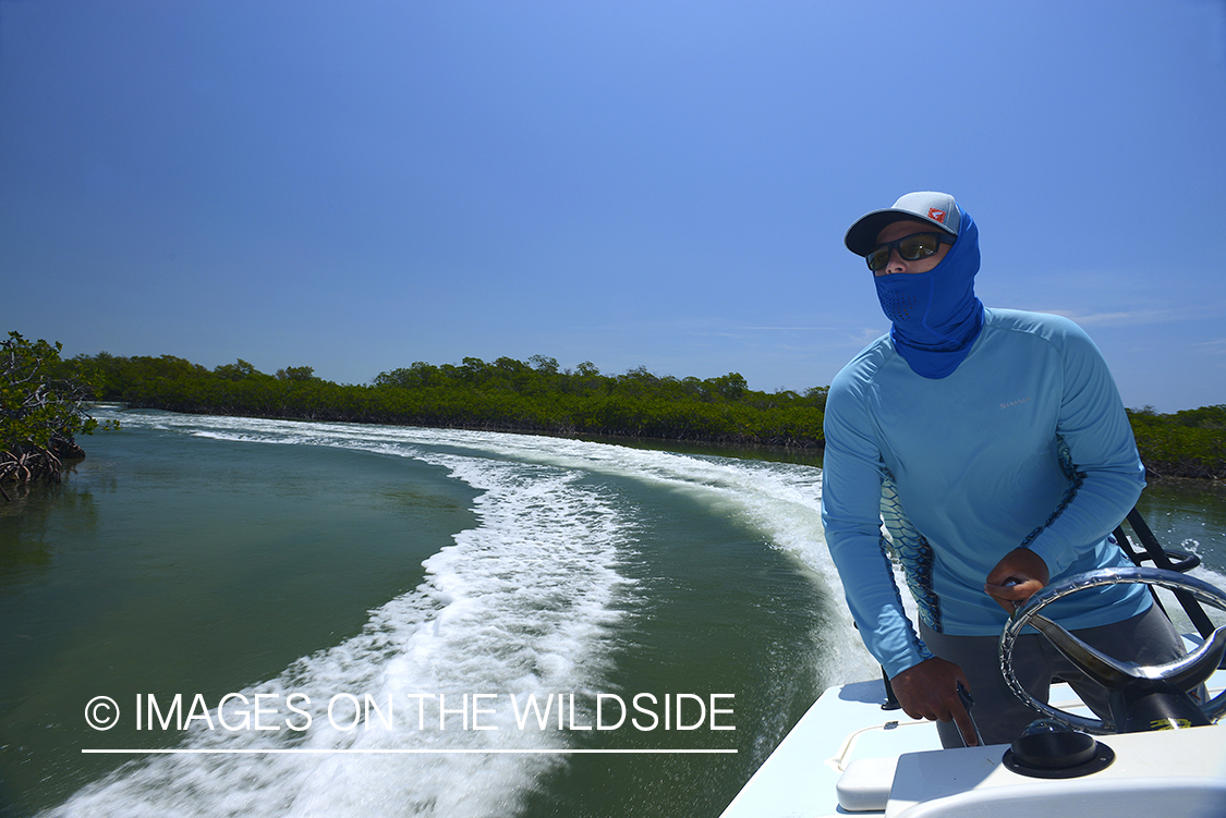 Flyfishermen on boat in Florida Keys.