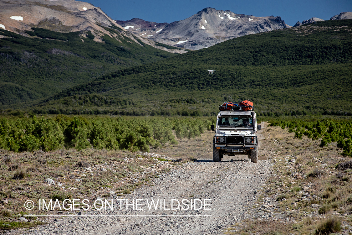 Flyfishermen driving to fishing location in Patagonia, Argentina.