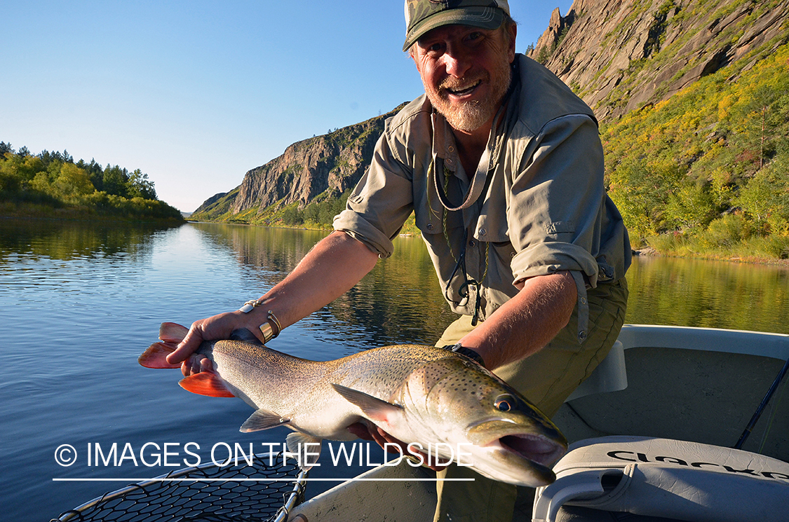 Fly fisherman with large Taimen.