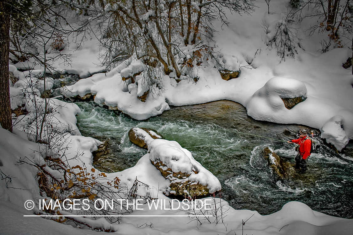 Flyfisherman on stream in winter.