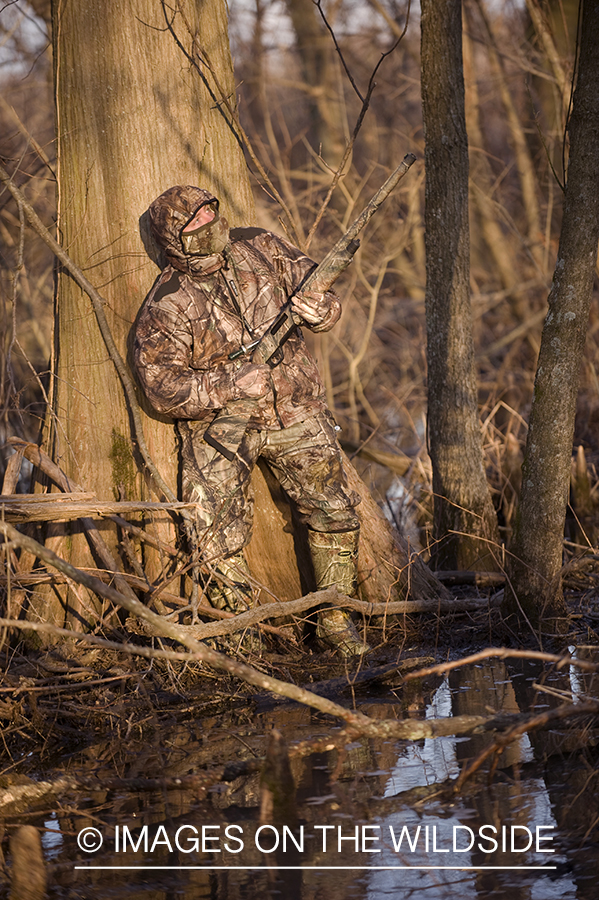 Waterfowl hunter camouflaged in wetlands.