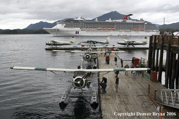 Float planes in front of a cruise ship.  (Alaska)