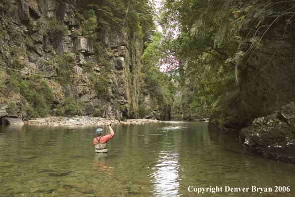 Flyfisherman casting on river.