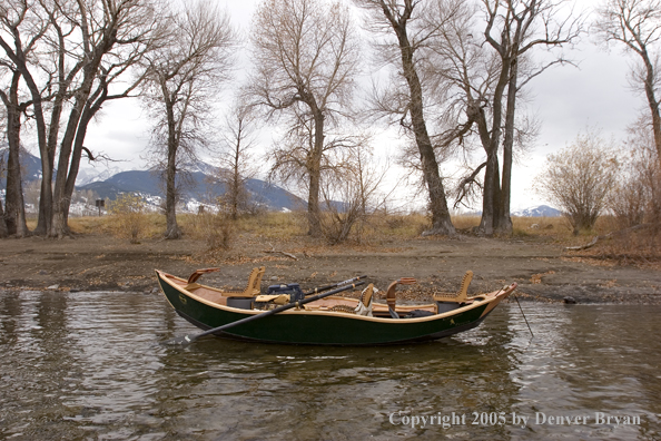 Wooden driftboat on Yellowstone River, Montana.