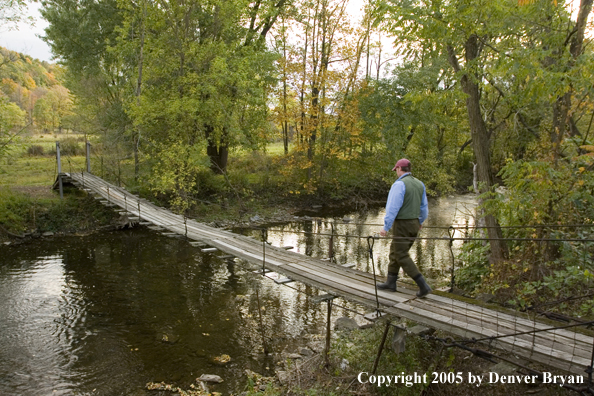 Flyfishermancrossing creek on footbridge.