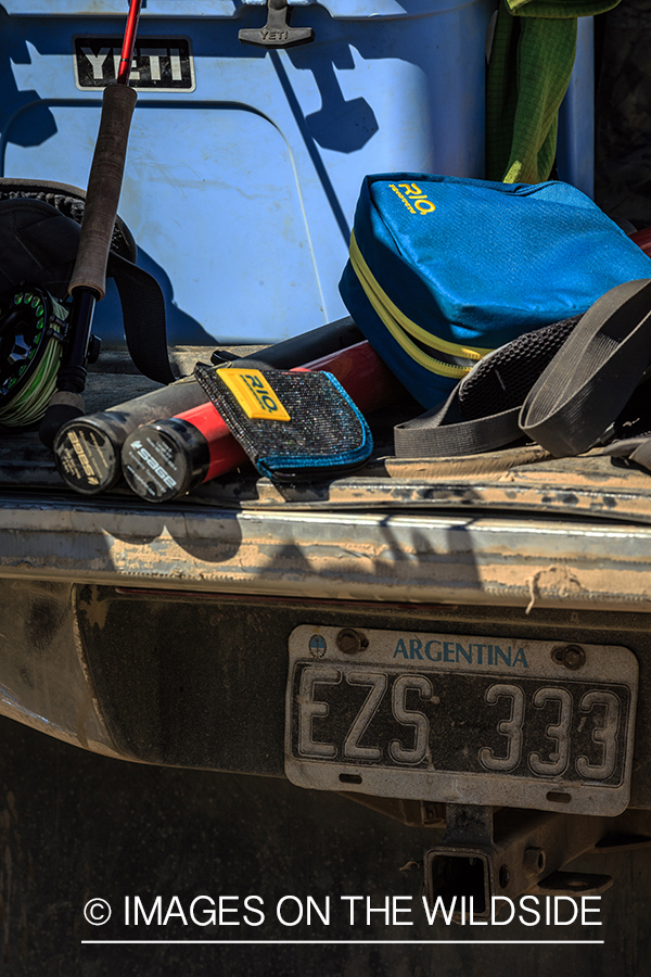 Flyfisherman equipment in vehicle.