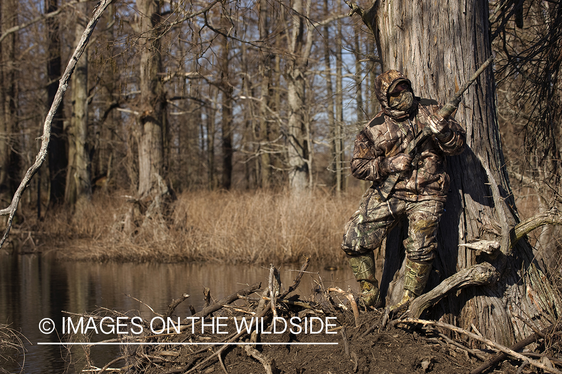 Waterfowl hunter camouflaged in wetlands.