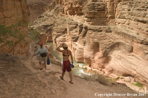 Hikers exploring exploring along the Colorado River.  Grand Canyon.