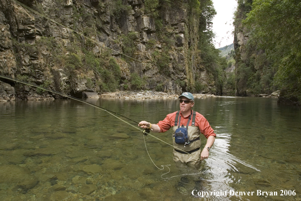 Flyfisherman casting on river.