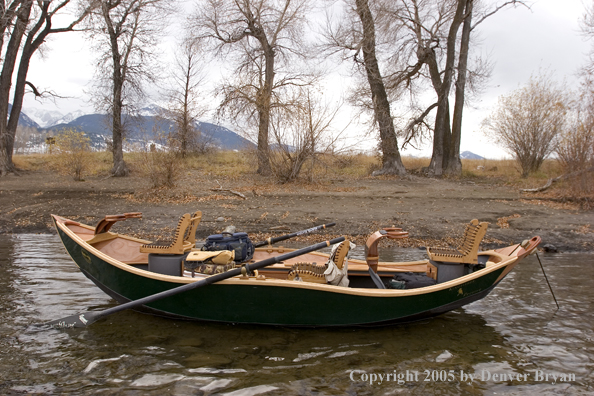 Wooden driftboat on Yellowstone River, Montana.