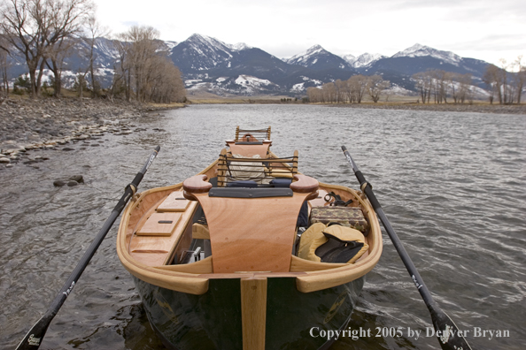 Wooden driftboat on Yellowstone River, Montana.