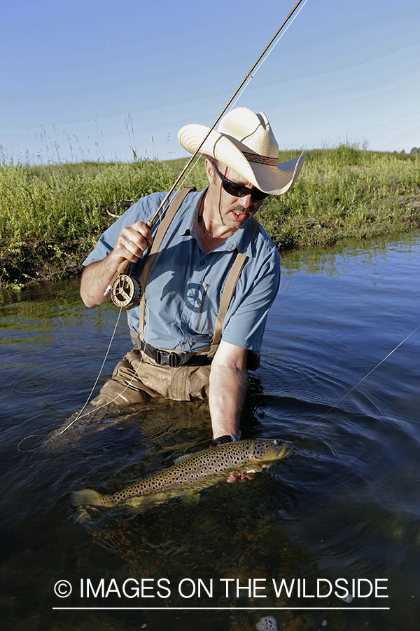 Flyfisherman with brown trout. 