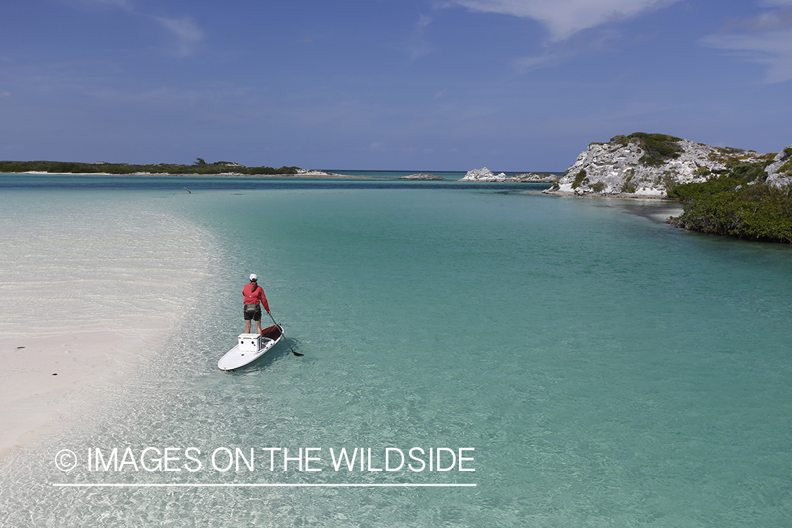 Saltwater flyfishing woman with stand up paddle board fishing flats.