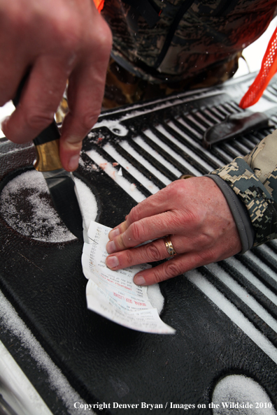 Father helps son get his white-tail deer tag ready