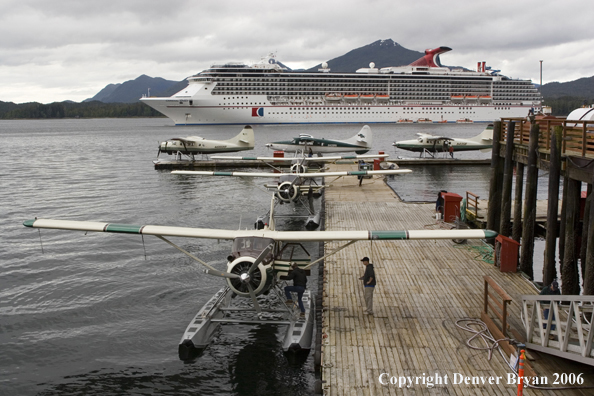 Float planes in front of a cruise ship.  (Alaska)