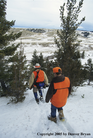 Father and son hunters big game hunting in a field in winter.