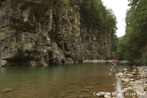 Flyfisherman casting on river.