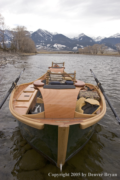 Wooden driftboat on Yellowstone River, Montana.