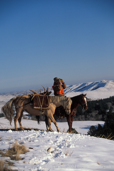 Successful big game hunter glassing from horseback.