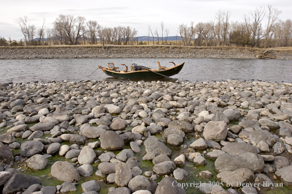 Wooden driftboat on Yellowstone River, Montana.