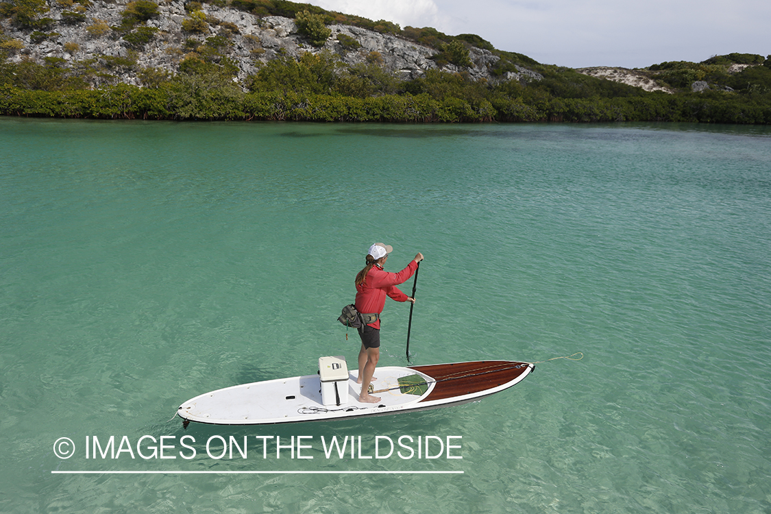 Saltwater flyfishing woman with stand up paddle board fishing flats.