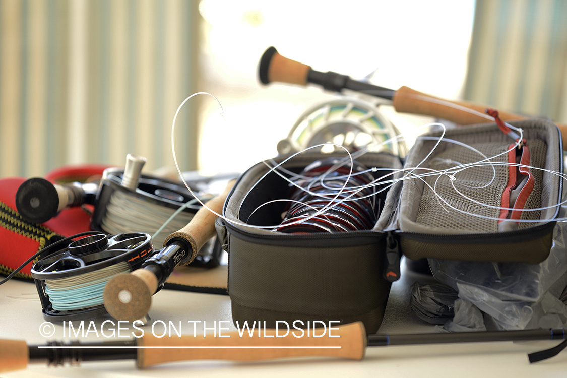 Saltwater fly gear on table.