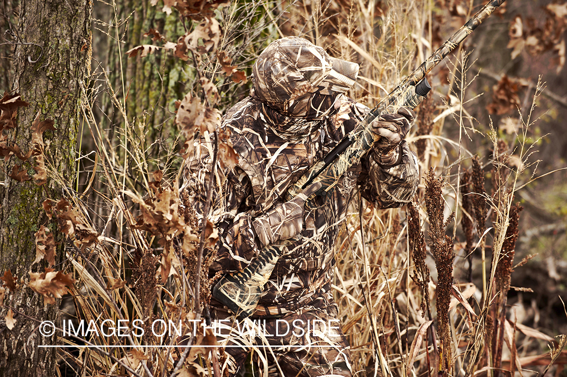 Waterfowl hunter camouflaged in wetlands.