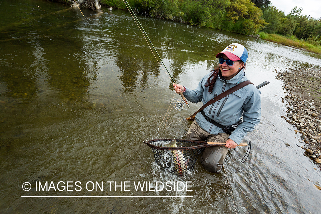 Flyfisher Camille Egdorf landing fish on Nushagak river.