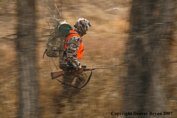 Mule deer hunter in field.