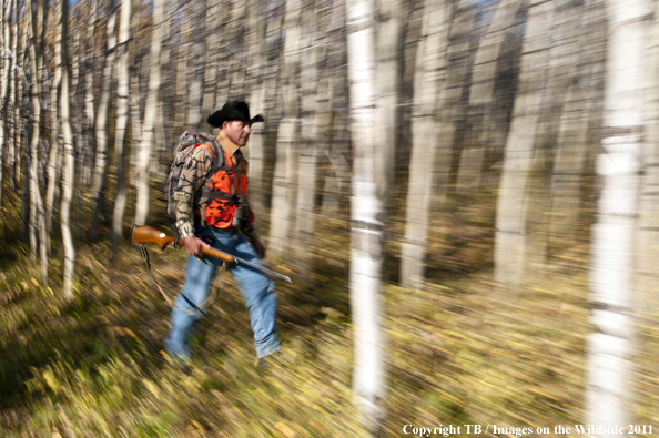 Hunter walking through forest. 