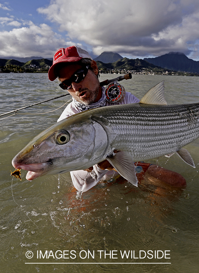 Saltwater flyfisherman with 13 lb bonefish, in Hawaii. (HDR)