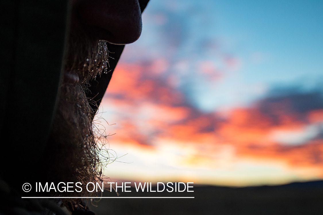 Closeup of goose hunter's beard at dawn.