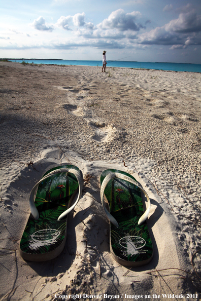 Woman walking beach to go flyfishing.                                