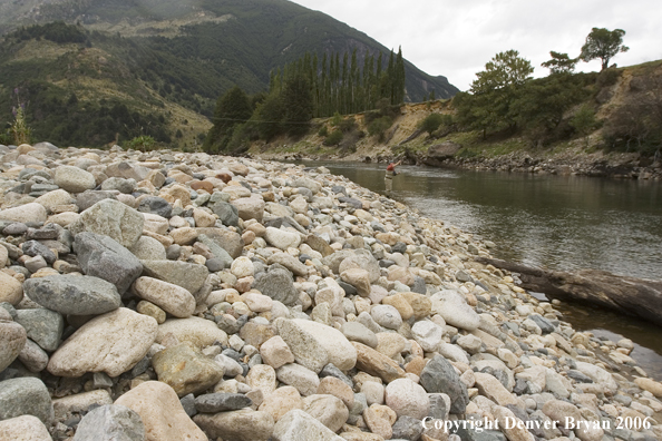 Flyfisherman casting on river.