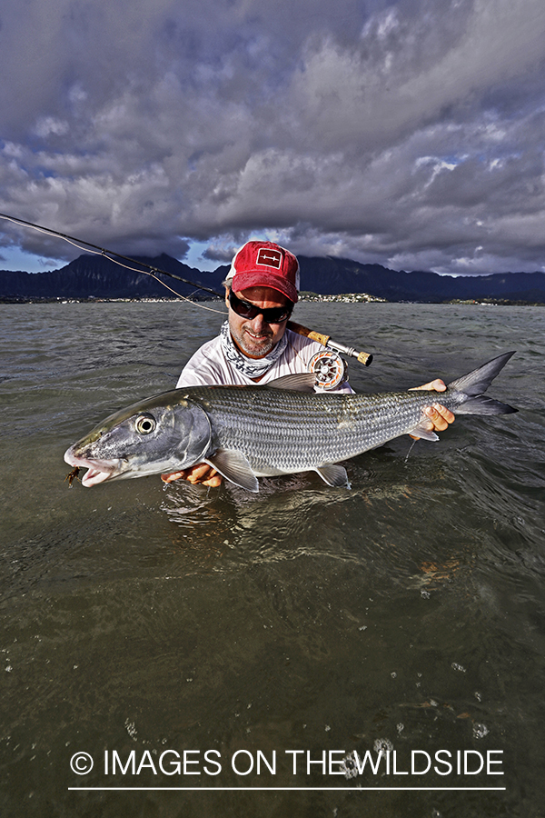 Saltwater flyfisherman with 13 lb bonefish, in Hawaii. (HDR)