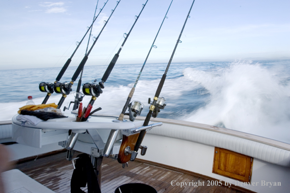 Fishing rods on deep sea fishing boat.