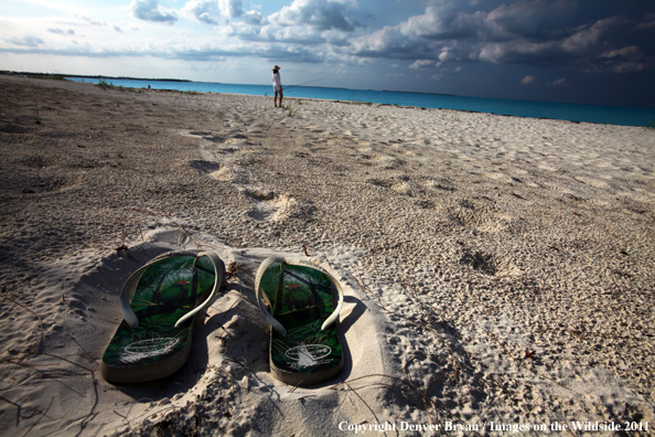 Woman walking beach to go flyfishing.                                