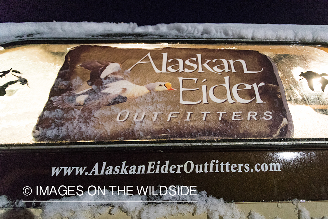 King Eider and Long-tailed duck hunting in Alaska, Alaskan Eider Outfitters sign.