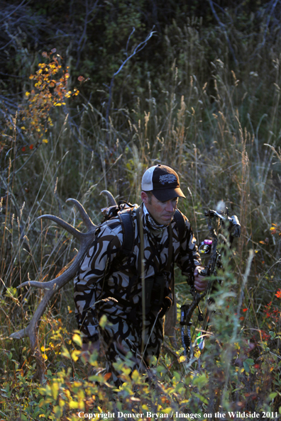 Bow hunter hiking with elk rack. 