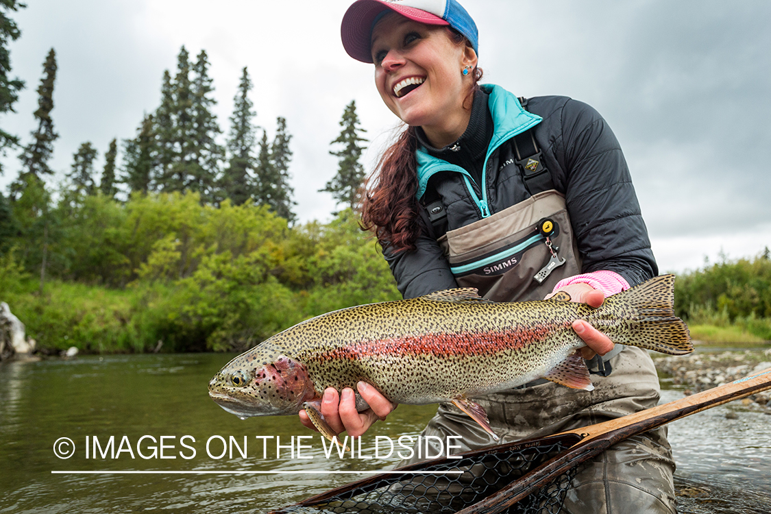 Flyfisher Camille Egdorf with rainbow trout.