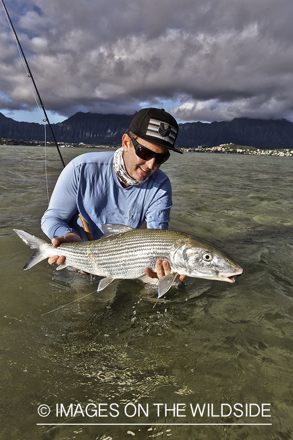 Saltwater flyfisherman with 13 lb bonefish, in Hawaii. (HDR)