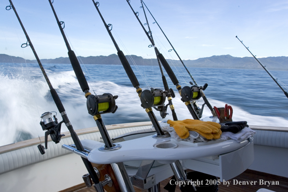 Fishing rods on deep sea fishing boat.