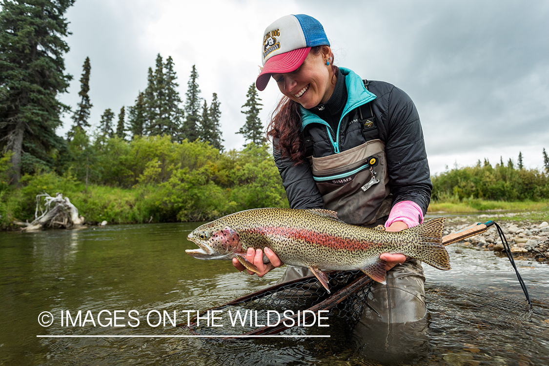 Flyfisher Camille Egdorf with rainbow trout.